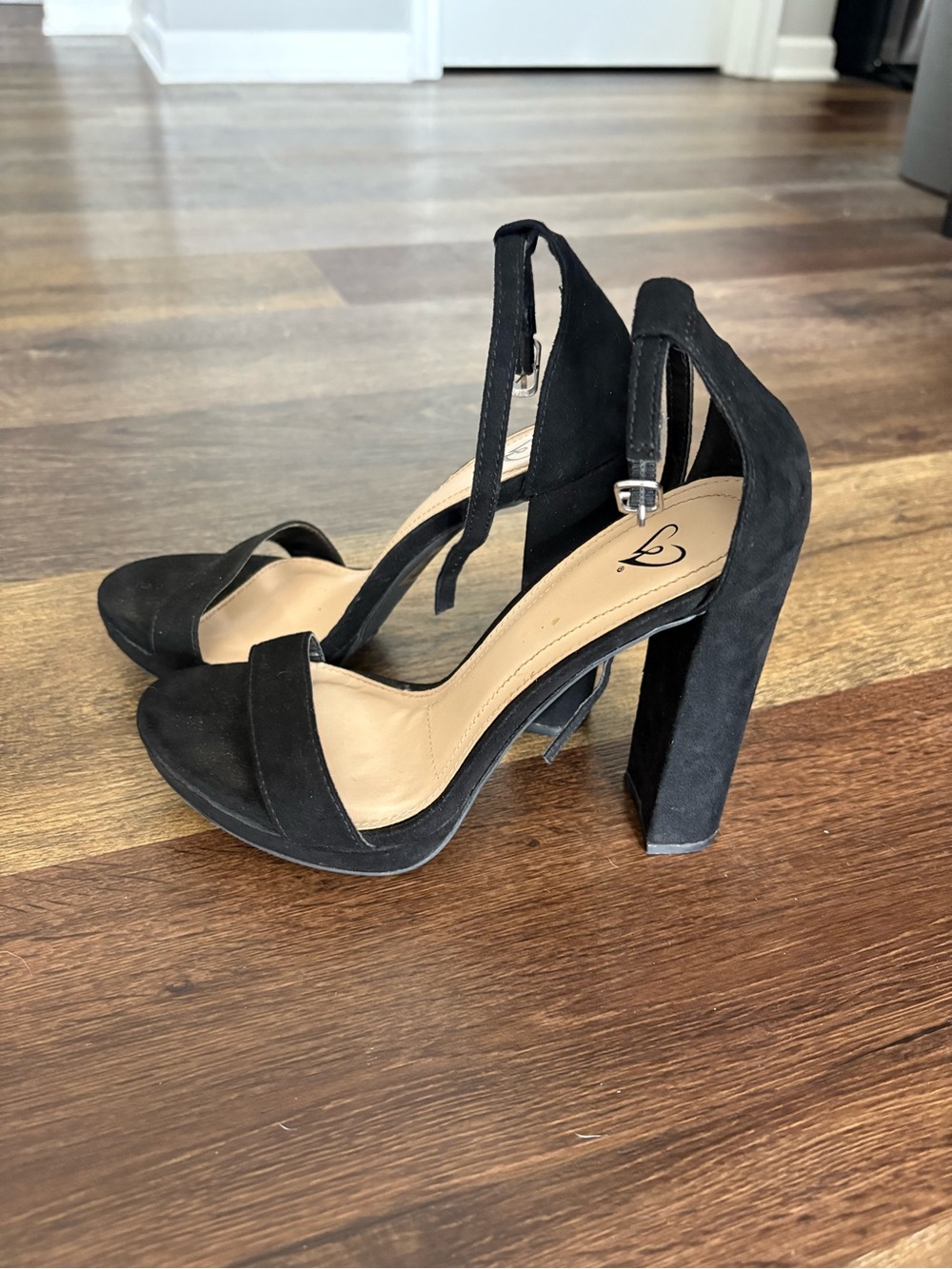 Women's Black Suede Block Heel Sandals with Ankle Strap